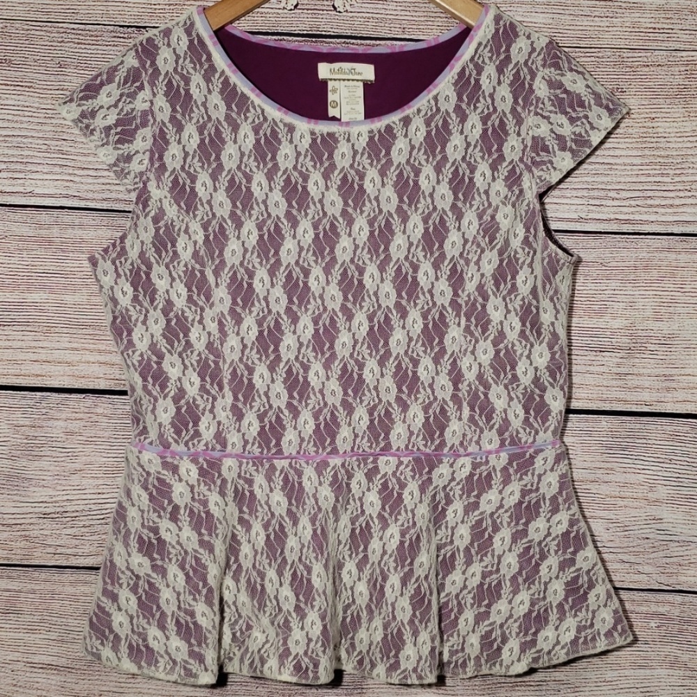 Matilda Jane Wonderful Parade Lace‎ Top M Peplum Ivory Purple Short Sleeve
